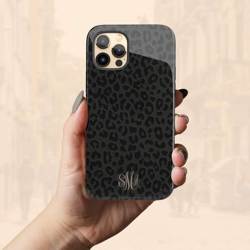 Dark Leopard Custom Curly Initials iPhone Case - Centered